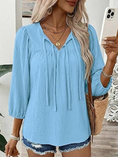 Women's Bow Tie Neck Blouse with Balloon Sleeves