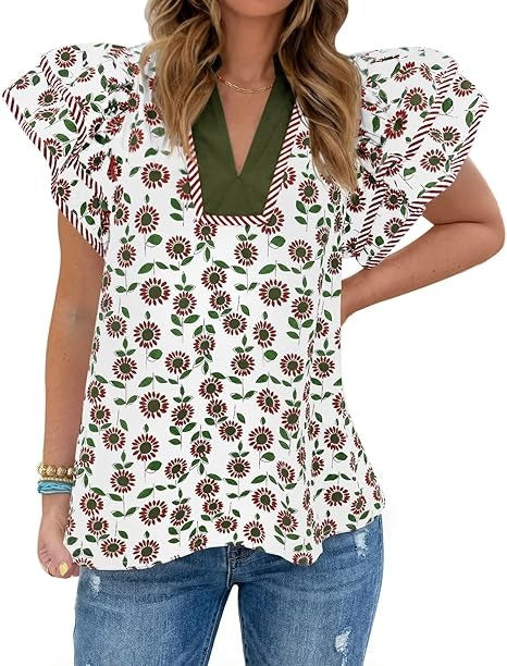 Womens Ruffle Sleeve Floral Blouses