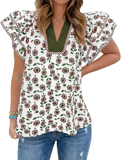 Womens Ruffle Sleeve Floral Blouses