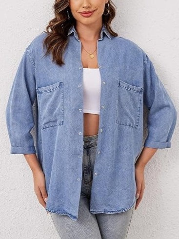Women's Loose Pocket Denim Shirt Tops