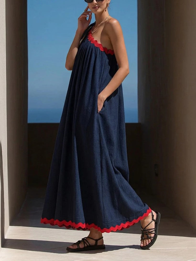 One Shoulder Bow Maxi Dress with Red Scalloped Trim