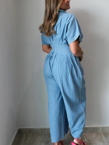 Women's Vintage Denim Collared Wide Leg Romper