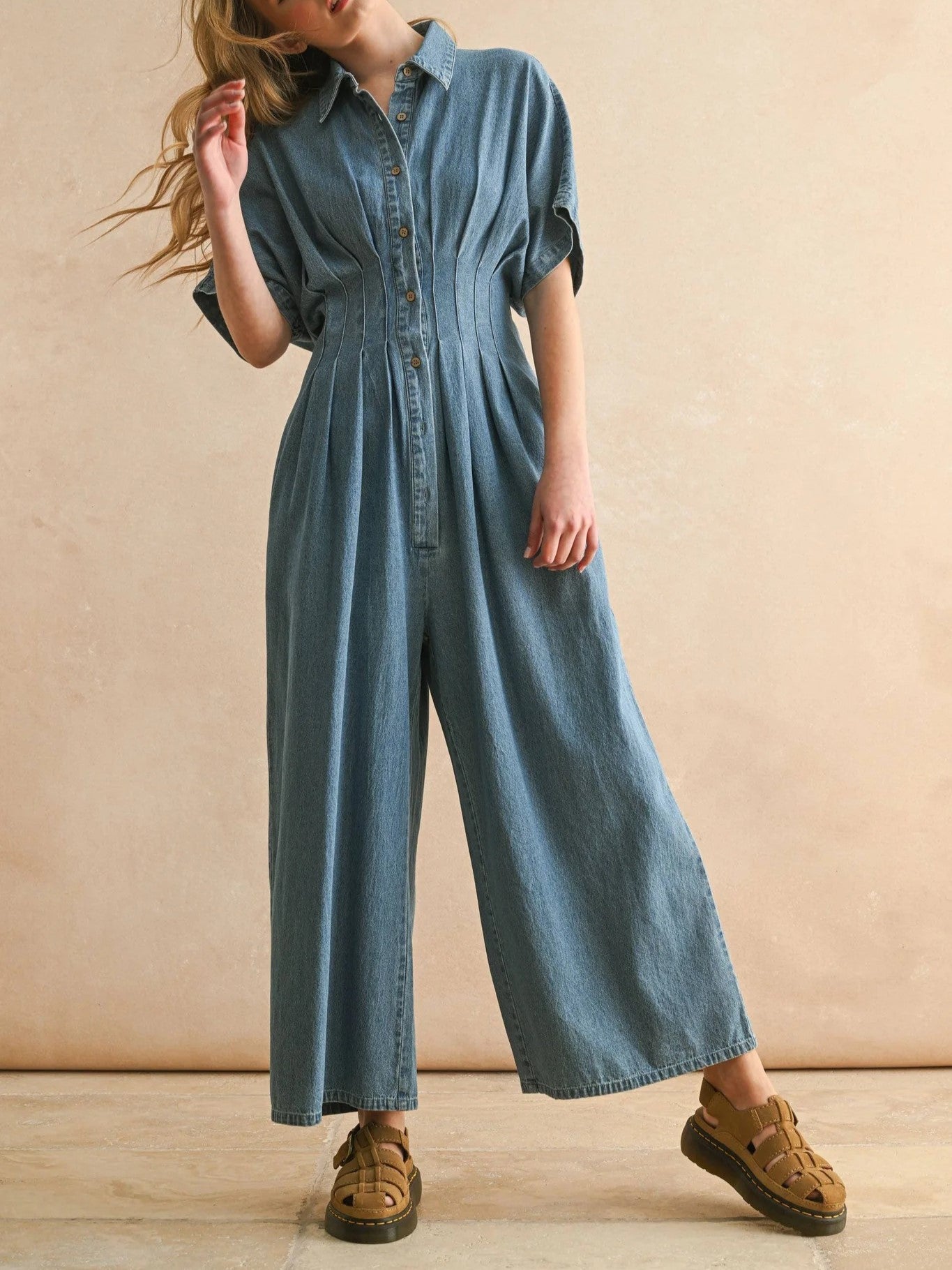 Women's Vintage Denim Collared Wide Leg Romper