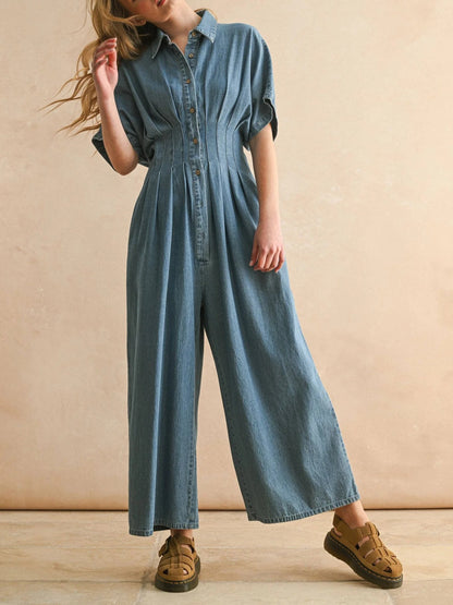 Women's Vintage Denim Collared Wide Leg Romper