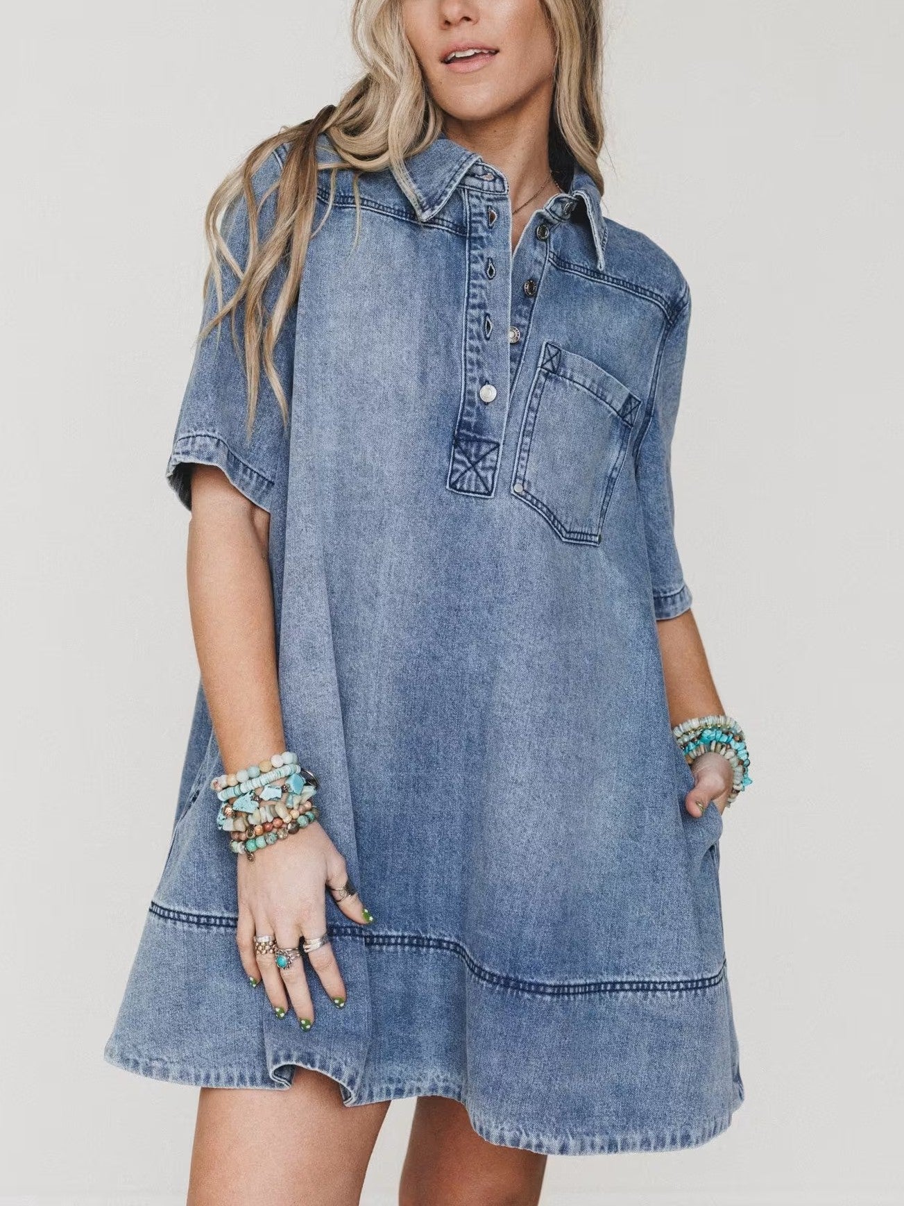 Women's V Neck Short Sleeve Jean Babydoll Dress