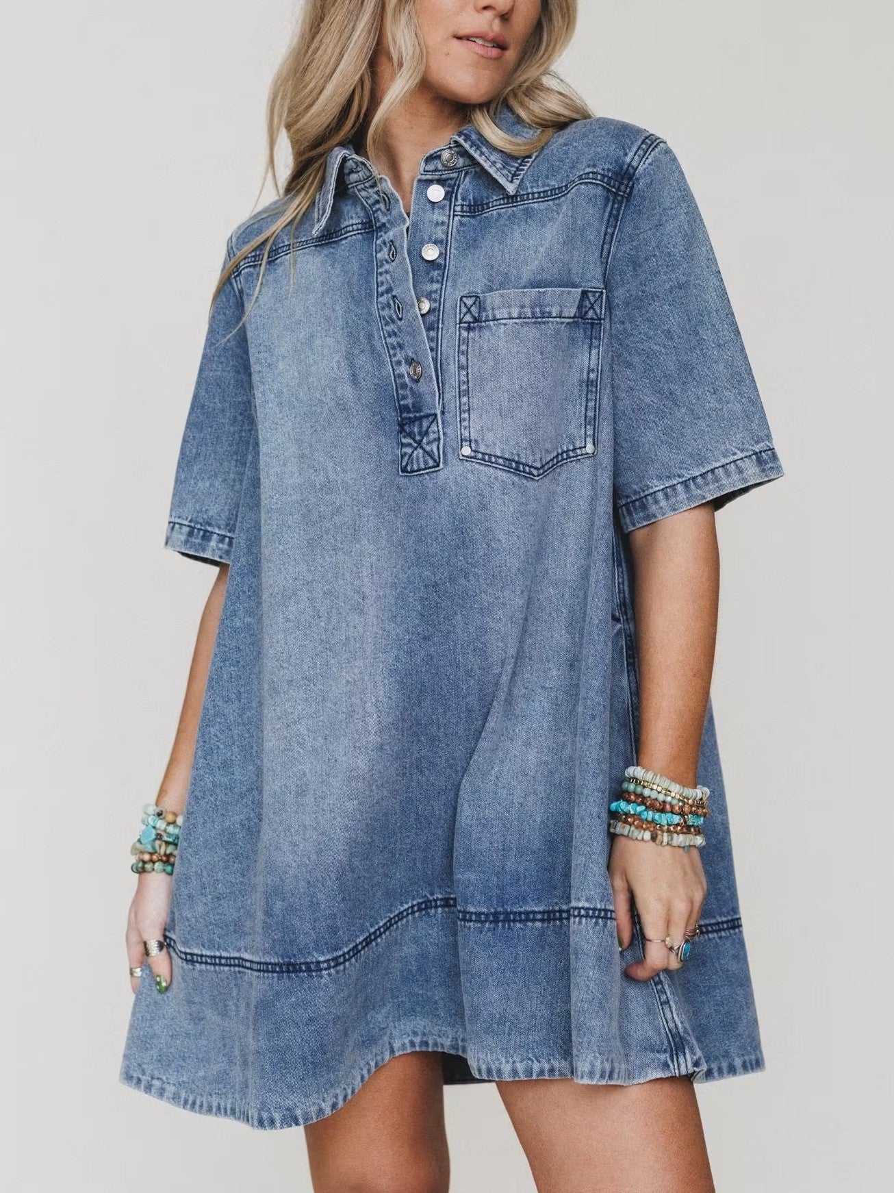 Women's V Neck Short Sleeve Jean Babydoll Dress