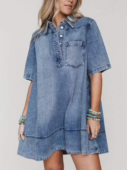 Women's V Neck Short Sleeve Jean Babydoll Dress