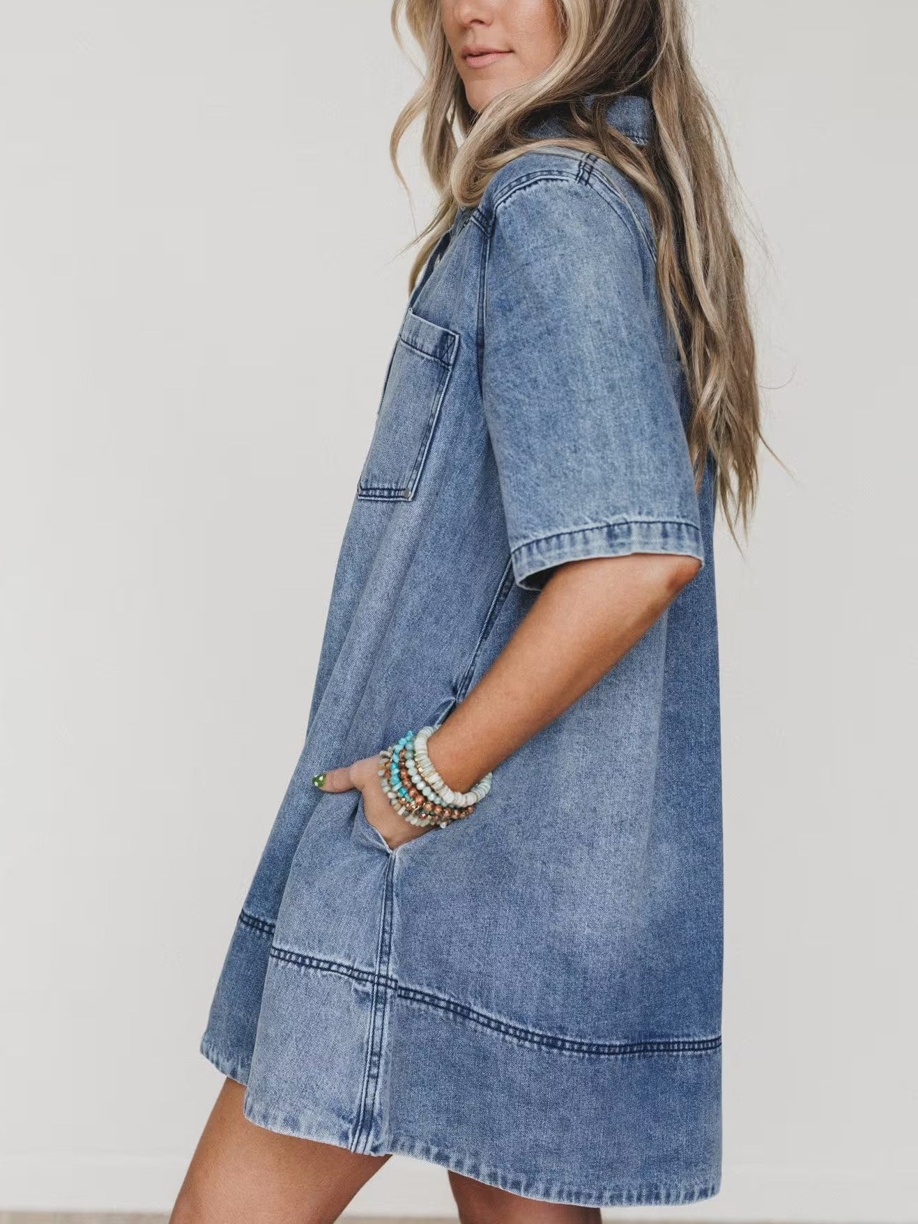 Women's V Neck Short Sleeve Jean Babydoll Dress