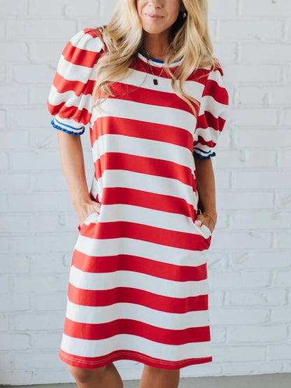 Women's Stripe Puff Sleeve T-Shirt Dress with Pockets