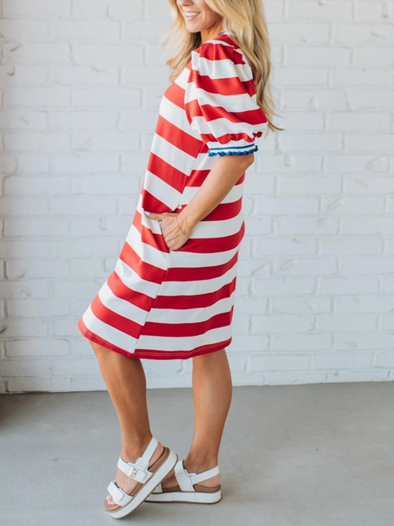 Women's Stripe Puff Sleeve T-Shirt Dress with Pockets