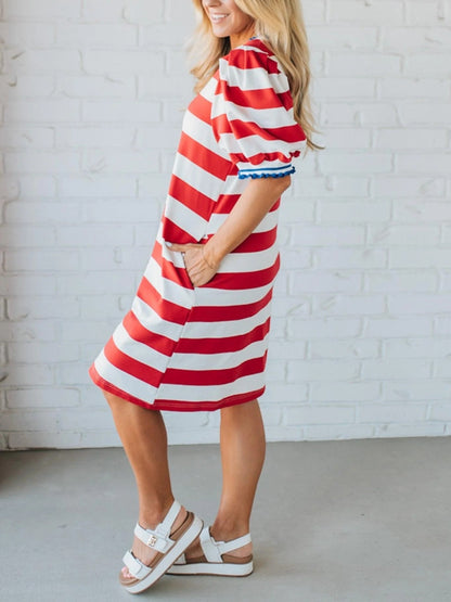 Women's Stripe Puff Sleeve T-Shirt Dress with Pockets