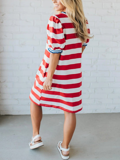 Women's Stripe Puff Sleeve T-Shirt Dress with Pockets