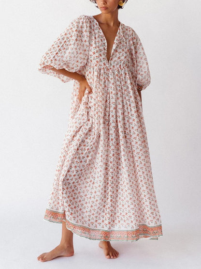 Women's Romantic Floral Lantern Sleeve Flowy Maxi Dress