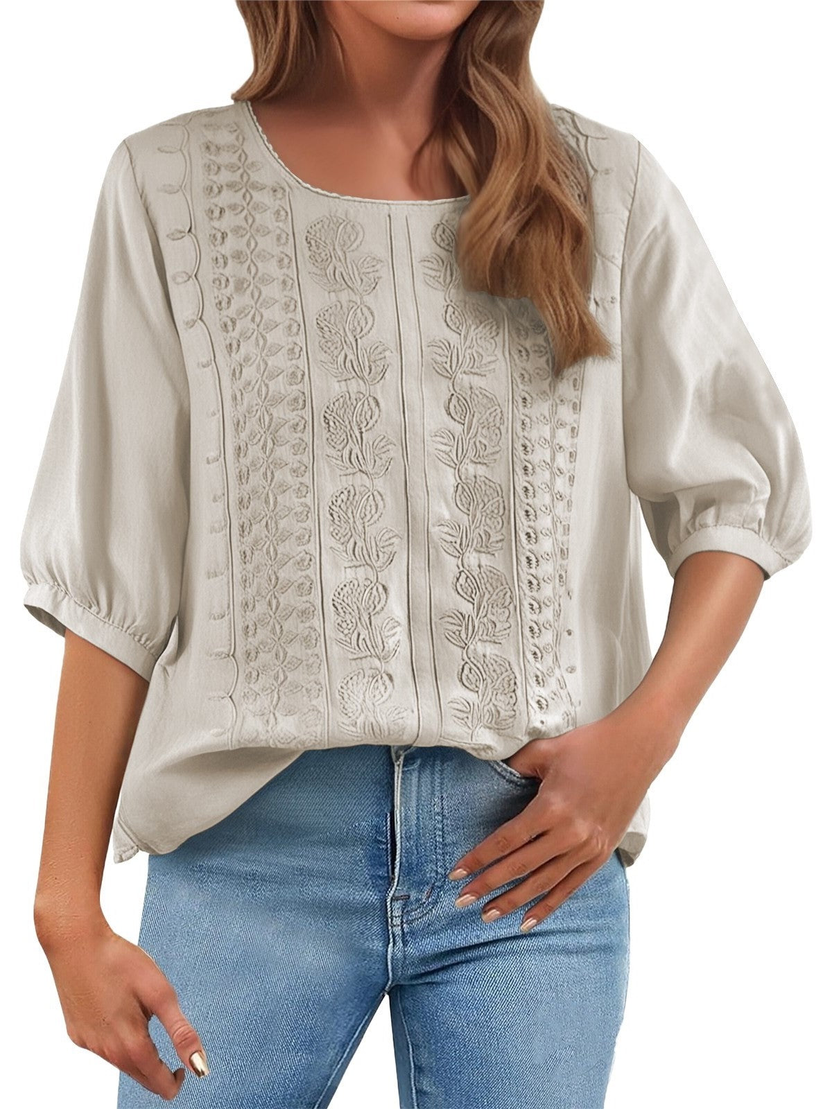 Women's Floral Embroidered Linen Blend Blouse