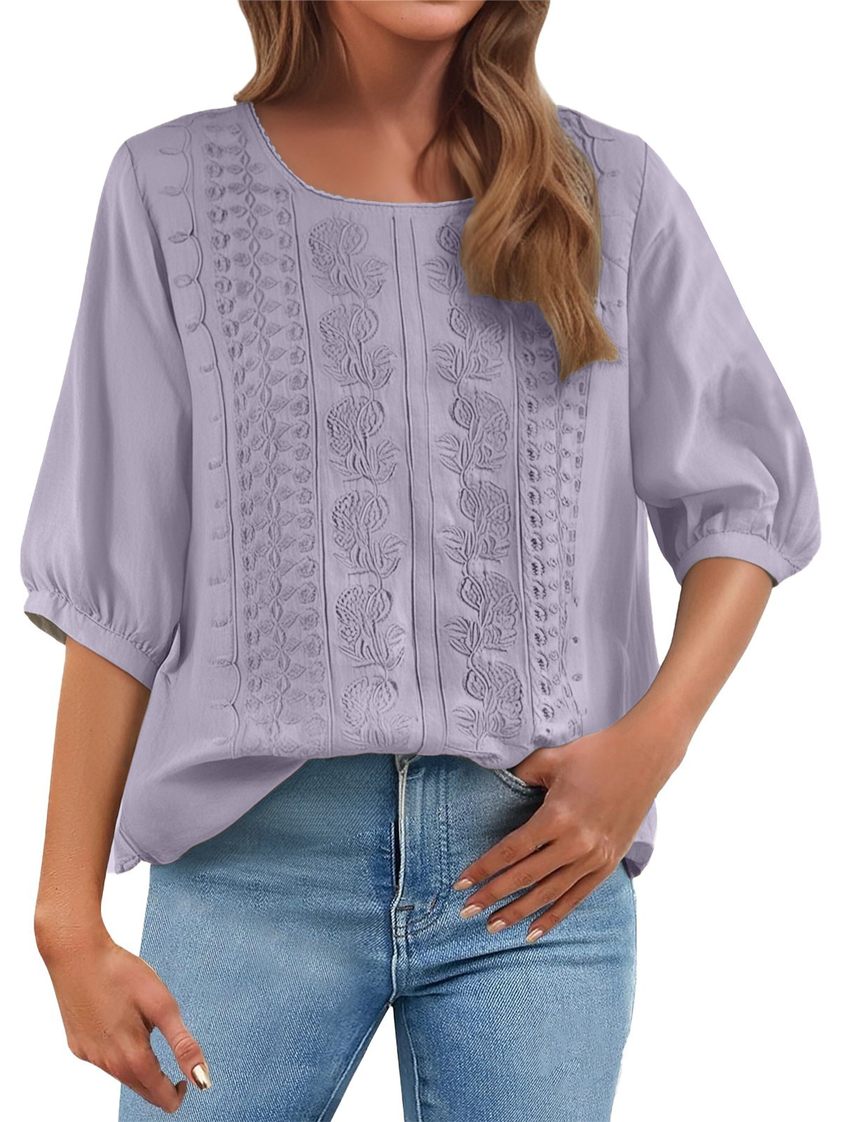 Women's Floral Embroidered Linen Blend Blouse