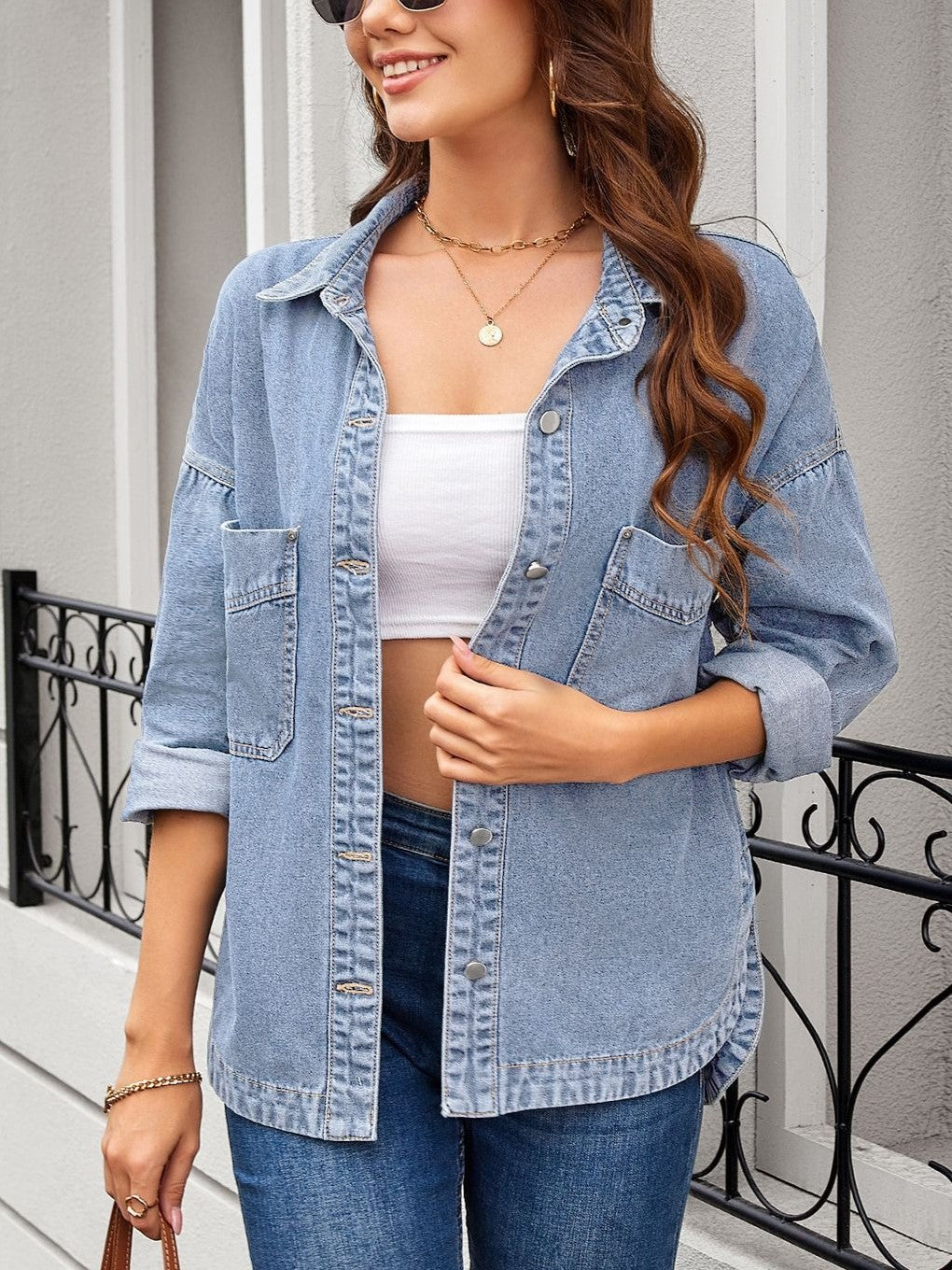 Women Casual Drop‑Shoulder Denim Blouse
