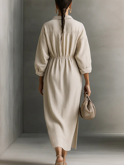 Women's Linen Blend V Neck Shirt Midi Dress