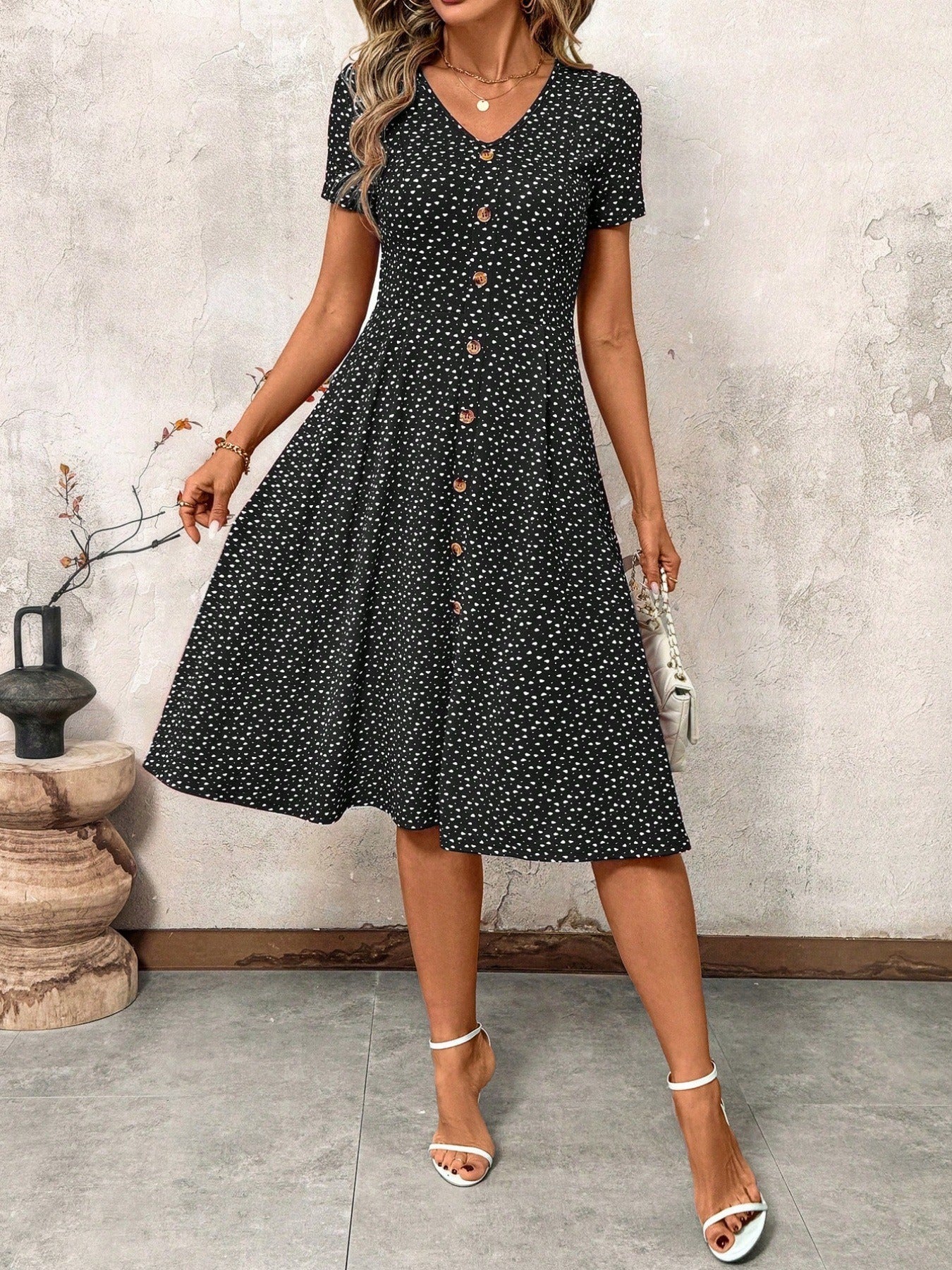 Polka Dot Print V-Neck Button Detail A-Line Dress