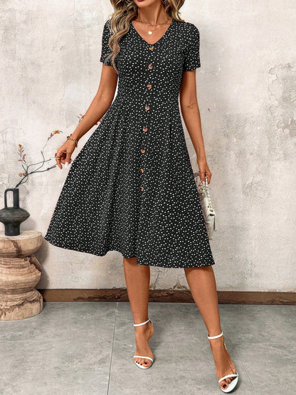 Polka Dot Print V-Neck Button Detail A-Line Dress