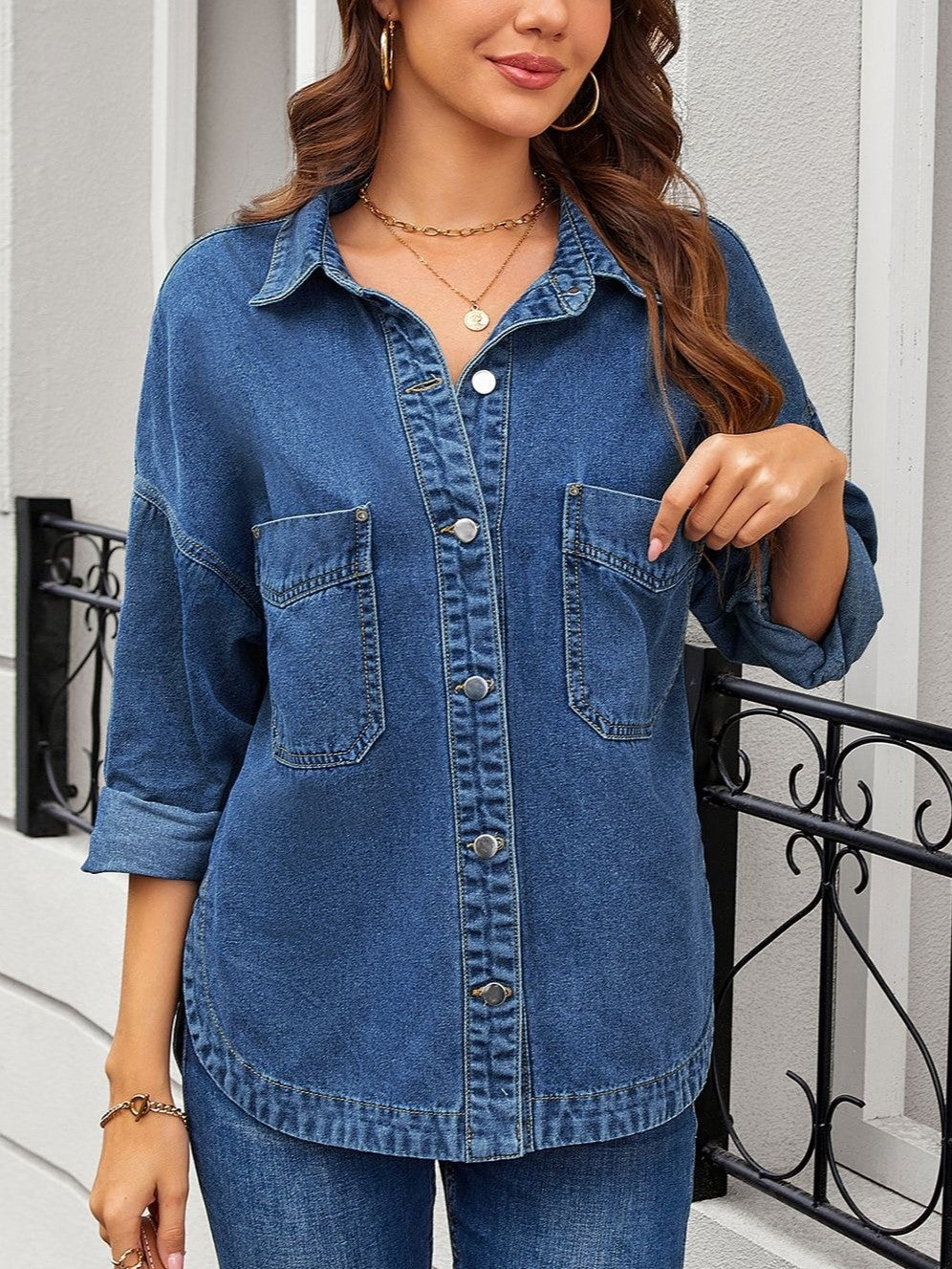 Women Casual Drop‑Shoulder Denim Blouse