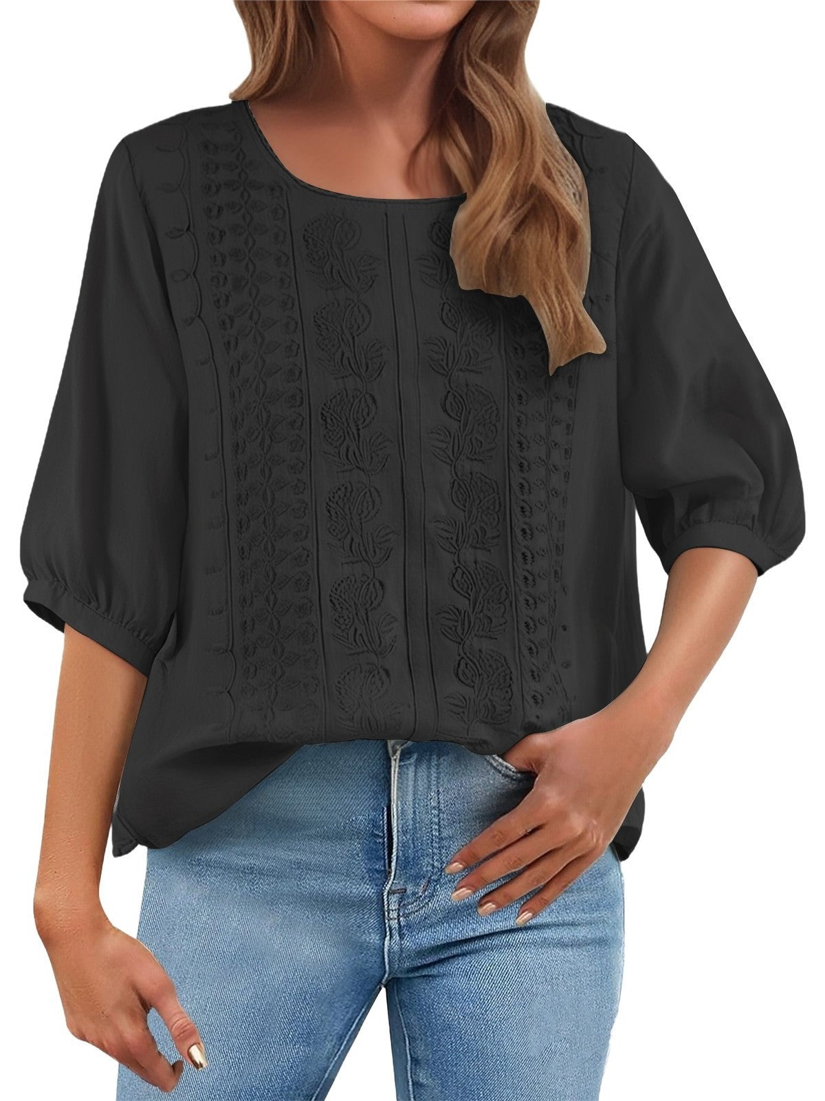 Women's Floral Embroidered Linen Blend Blouse