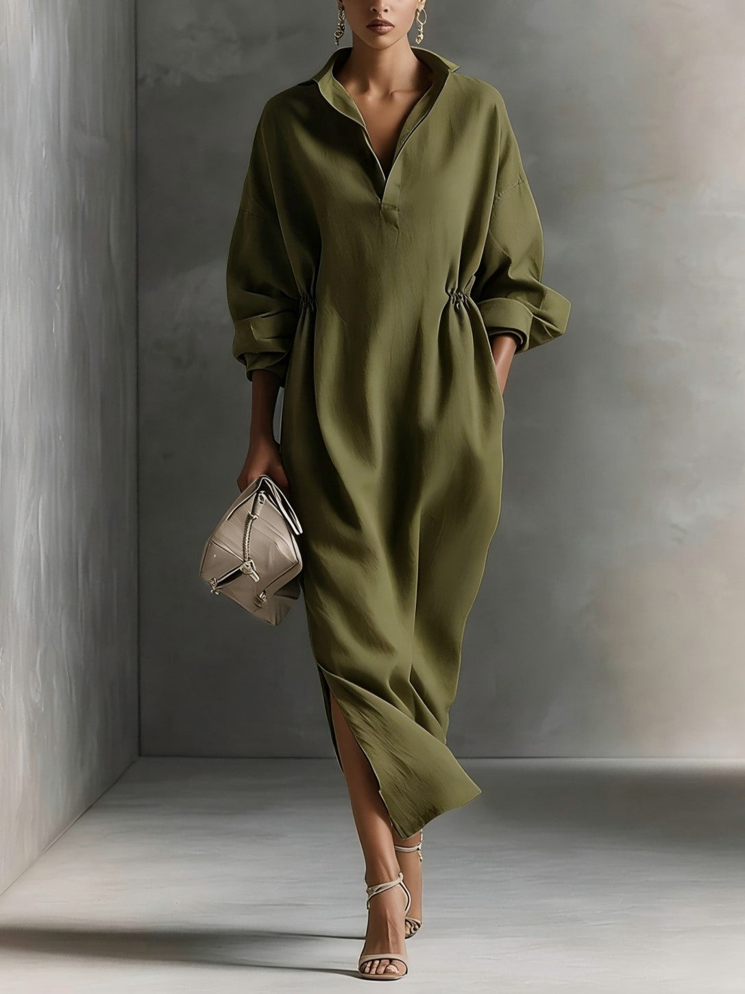Women's Linen Blend V Neck Shirt Midi Dress