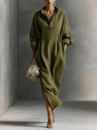 Women's Linen Blend V Neck Shirt Midi Dress