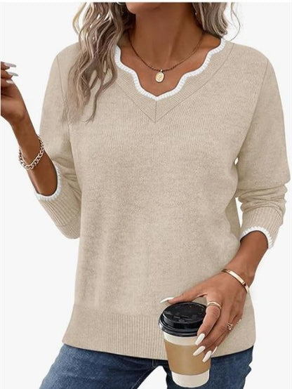 Women's Scalloped Trim V Neck Knit Sweater