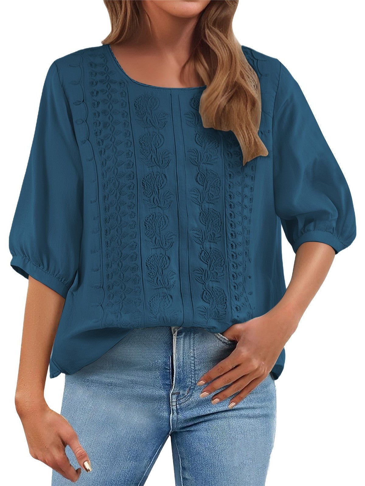 Women's Floral Embroidered Linen Blend Blouse