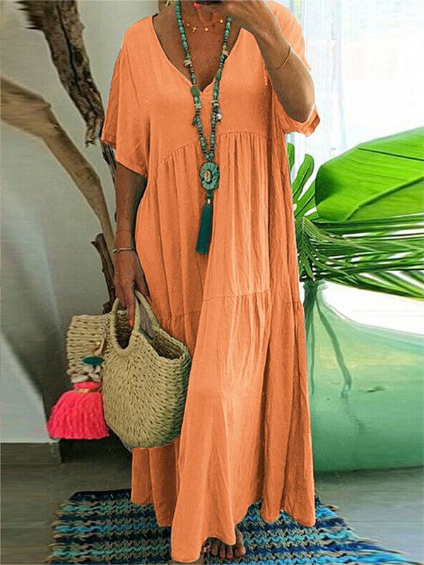 Women's Boho V-Neck Tiered Flowy Maxi Dress