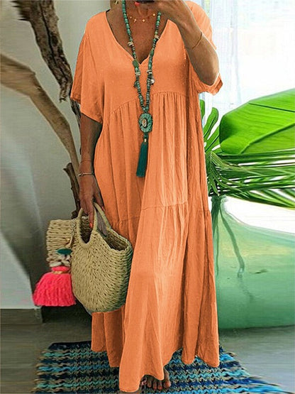 Women's Boho V-Neck Tiered Flowy Maxi Dress