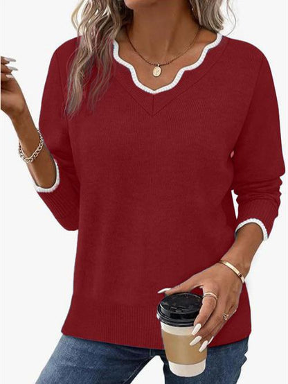 Women's Scalloped Trim V Neck Knit Sweater