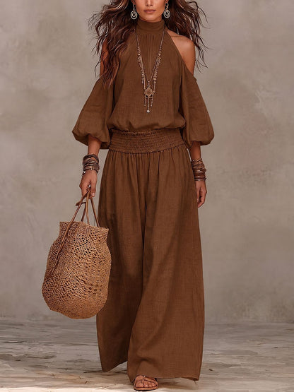 Women's High Neck Puff Sleeve Vacation Matching Outfit