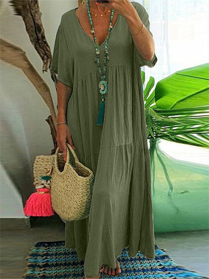 Women's Boho V-Neck Tiered Flowy Maxi Dress