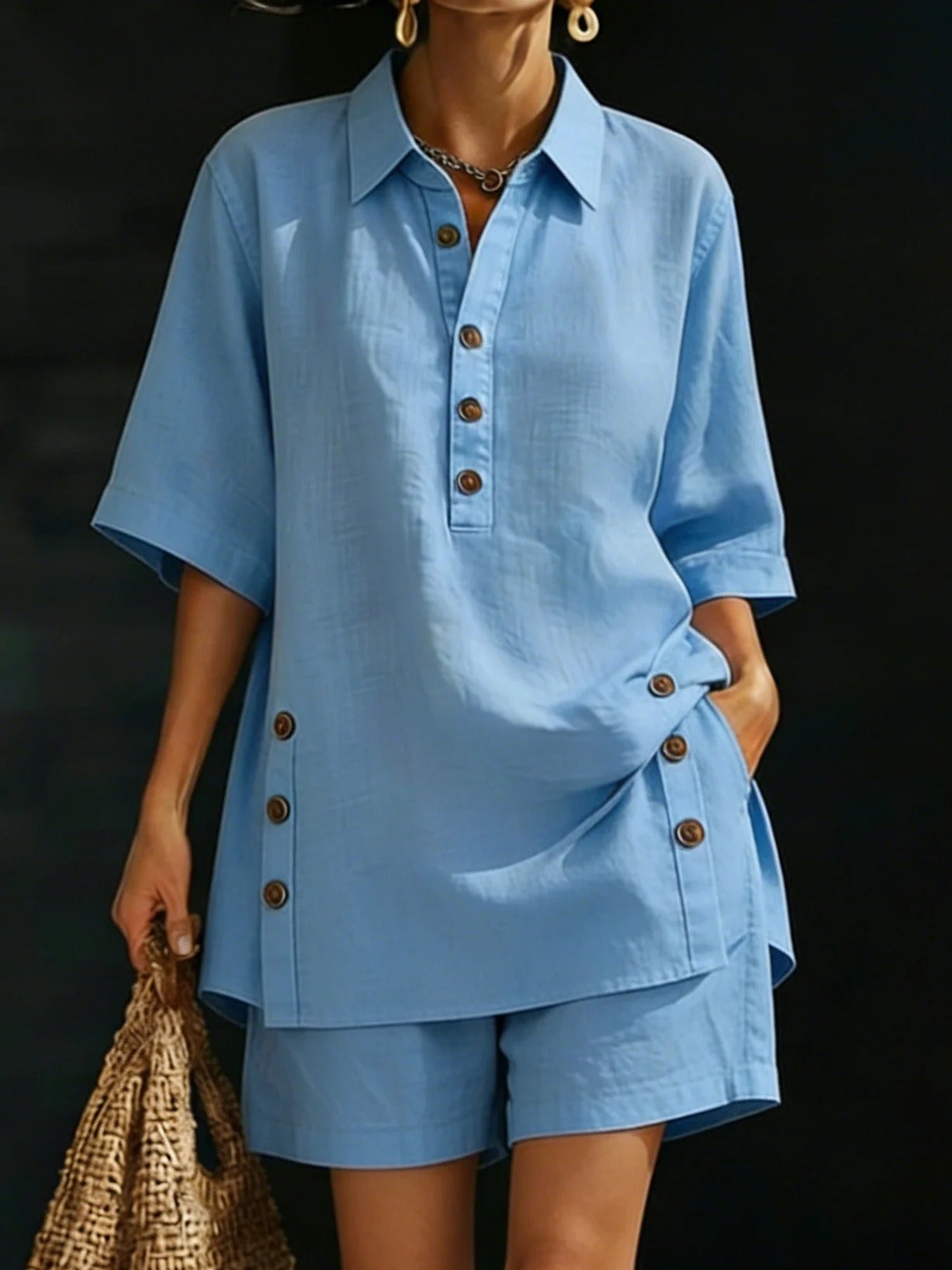 Women's Linen Button Matching Short Set