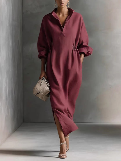 Women's Linen Blend V Neck Shirt Midi Dress