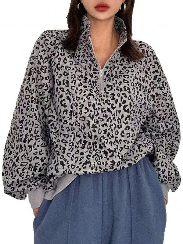Women's Leopard Print Half Zip Corduroy Sweatshirt