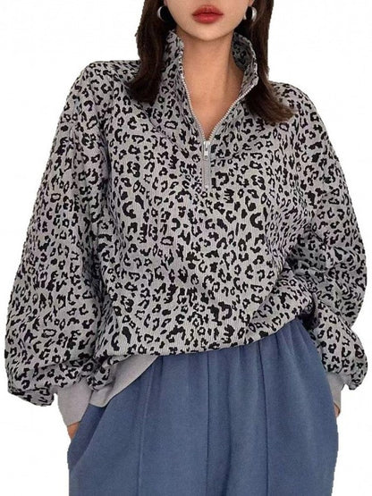 Women's Leopard Print Half Zip Corduroy Sweatshirt