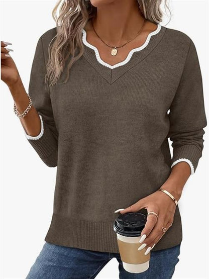 Women's Scalloped Trim V Neck Knit Sweater
