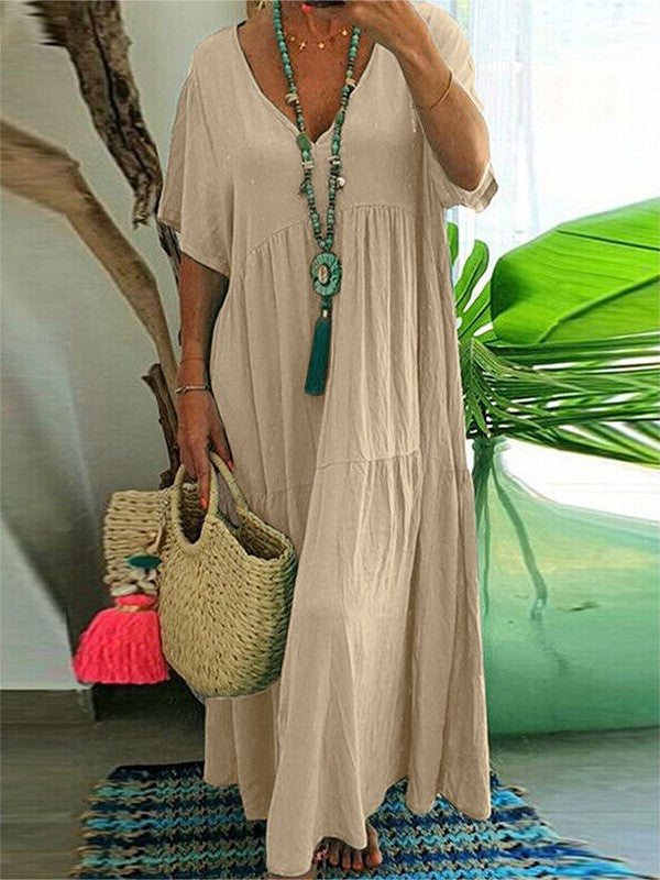 Women's Boho V-Neck Tiered Flowy Maxi Dress