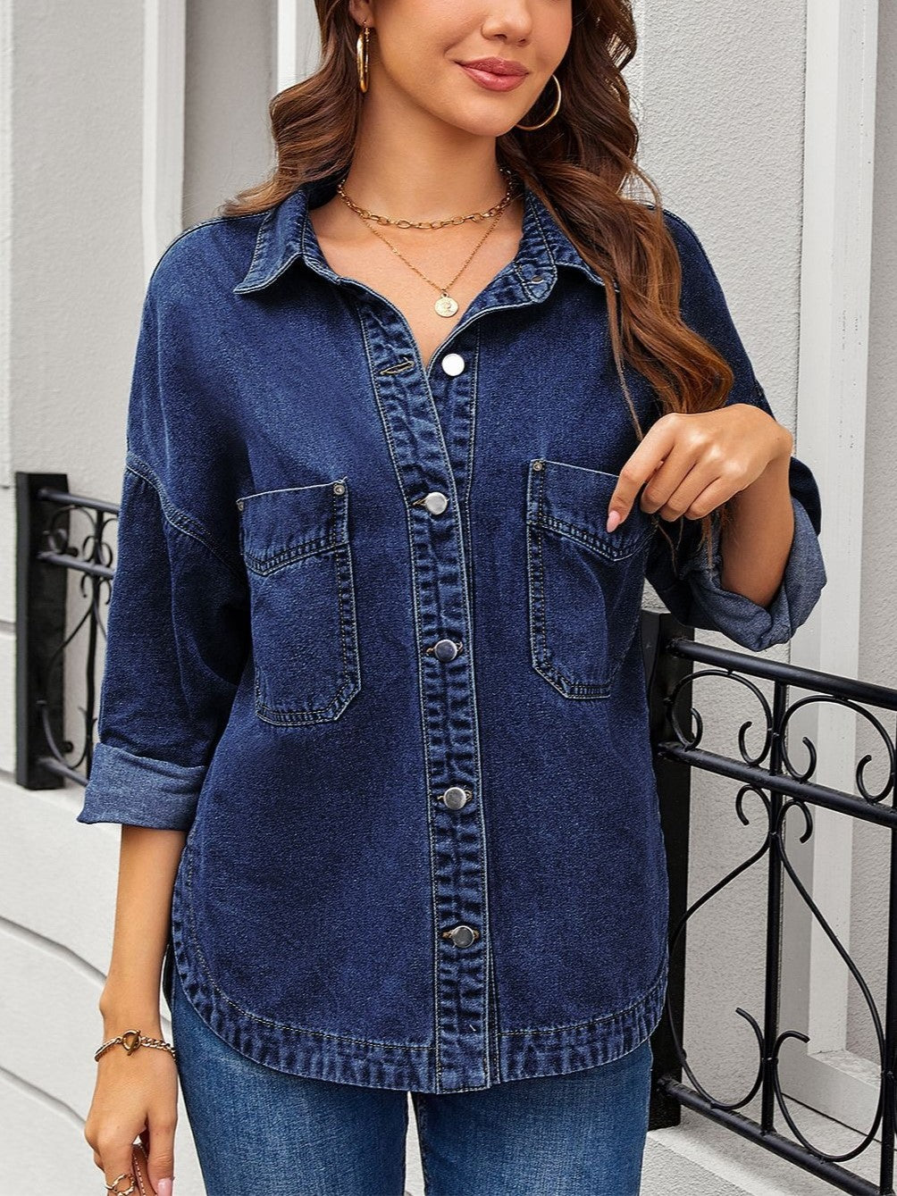 Women Casual Drop‑Shoulder Denim Blouse