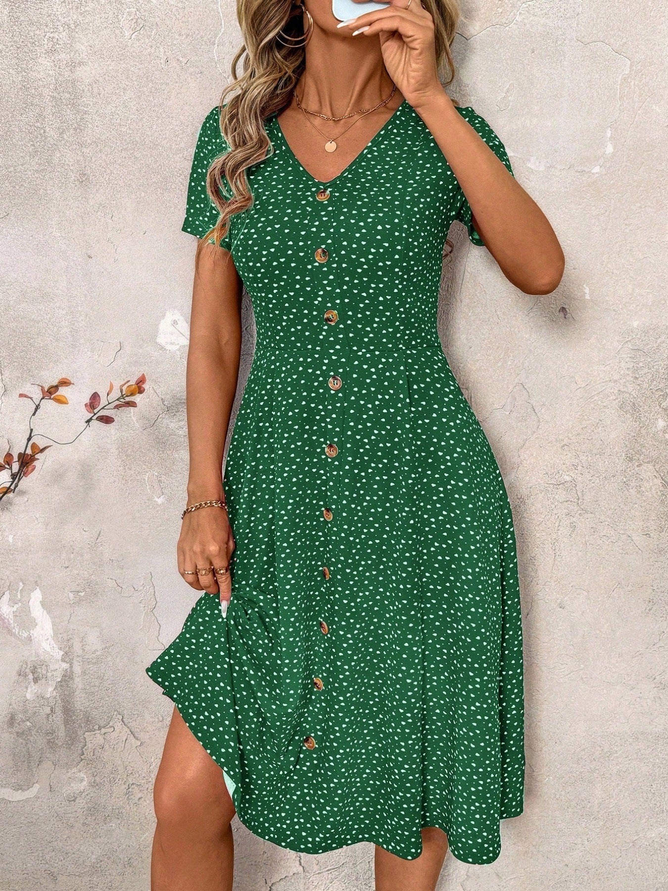 Polka Dot Print V-Neck Button Detail A-Line Dress