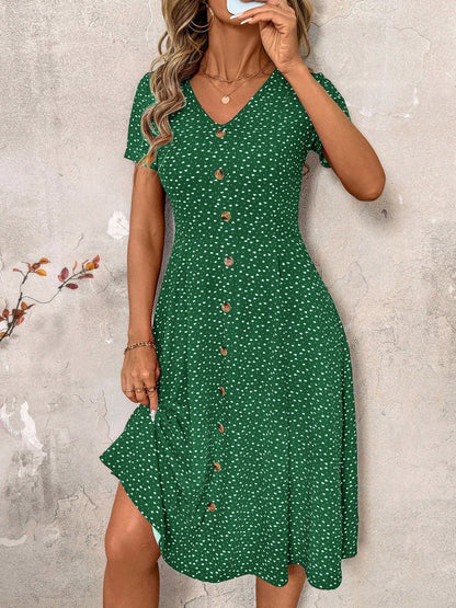 Polka Dot Print V-Neck Button Detail A-Line Dress