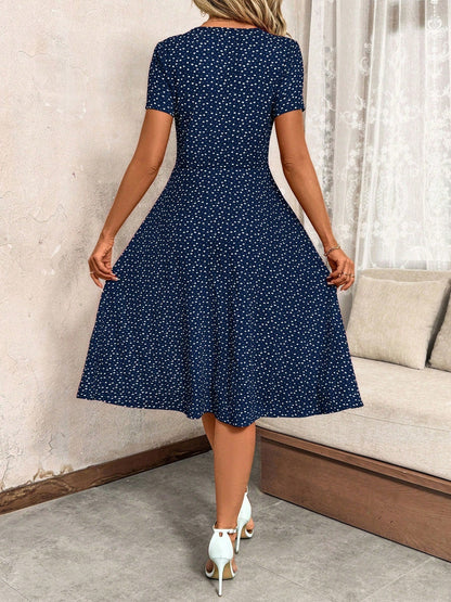 Polka Dot Print V-Neck Button Detail A-Line Dress