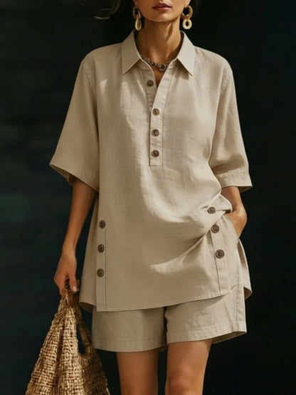 Women's Linen Button Matching Short Set