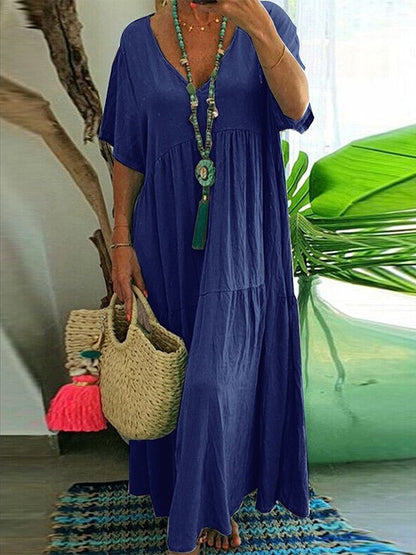 Women's Boho V-Neck Tiered Flowy Maxi Dress