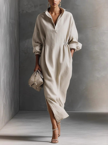 Women's Linen Blend V Neck Shirt Midi Dress