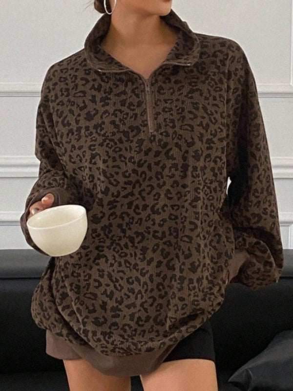 Women's Leopard Print Half Zip Corduroy Sweatshirt