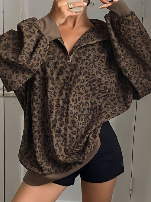 Women's Leopard Print Half Zip Corduroy Sweatshirt