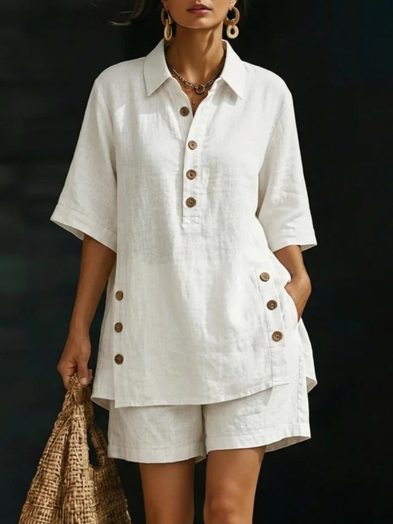 Women's Linen Button Matching Short Set